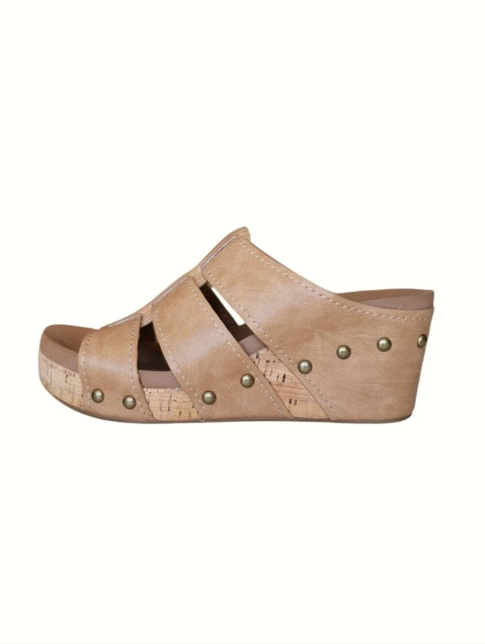 Corkys Tan Faux Leather Cork Platform Wedge Slide Sandals Boho Resort 7